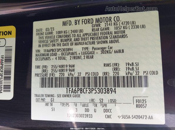 1FA6P8CF3P5303894 2023 FORD MUSTANG Black Widok komory silnika