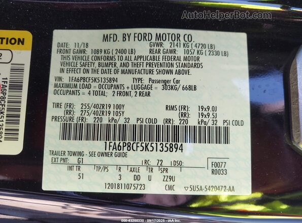 1FA6P8CF5K5135894 2019 FORD MUSTANG Black Engine compartment view