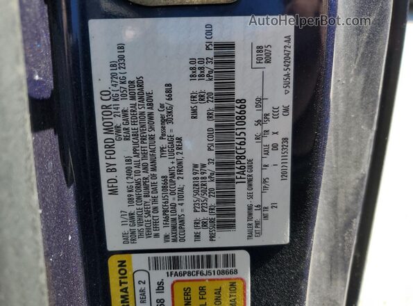 1FA6P8CF6J5108668 2018 FORD MUSTANG Blue 