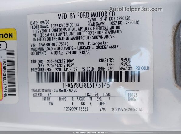 1FA6P8CF8L5175145 2020 FORD MUSTANG Белый Вид подкапотного пространства