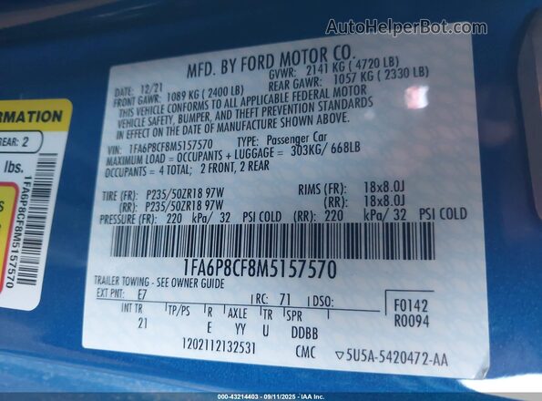1FA6P8CF8M5157570 2021 FORD MUSTANG Blue Вид підкапотного простору