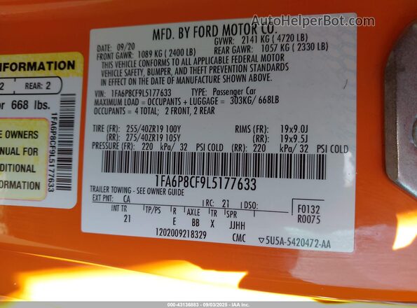 1FA6P8CF9L5177633 2020 FORD MUSTANG Orange ძრავის განყოფილების ხედი
