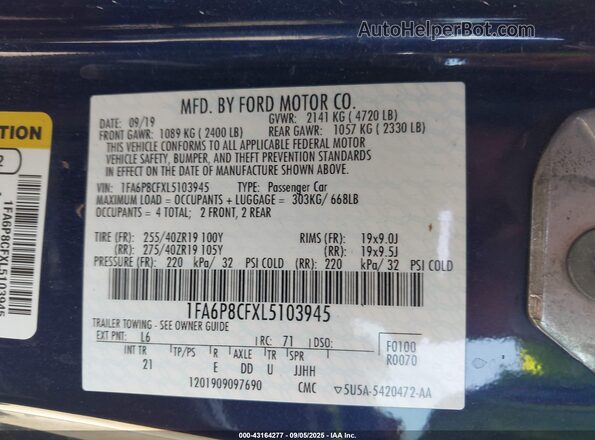 1FA6P8CFXL5103945 2020 FORD MUSTANG Blue Widok komory silnika