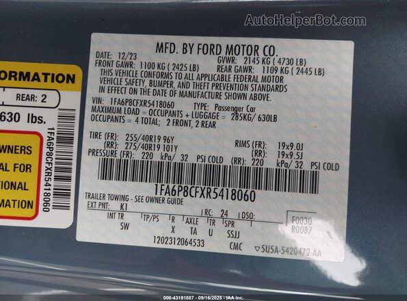 1FA6P8CFXR5418060 2024 FORD MUSTANG Синий Вид подкапотного пространства