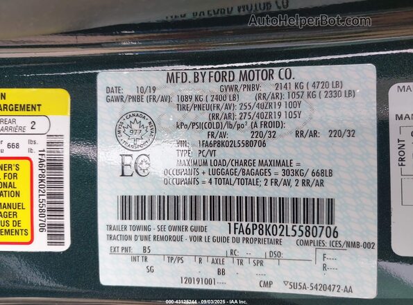 1FA6P8K02L5580706 2020 FORD MUSTANG Green ძრავის განყოფილების ხედი