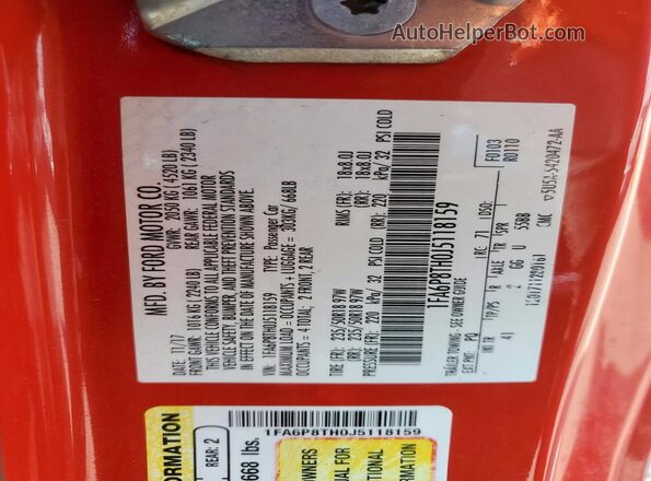 1FA6P8TH0J5118159 2018 FORD MUSTANG Красный 