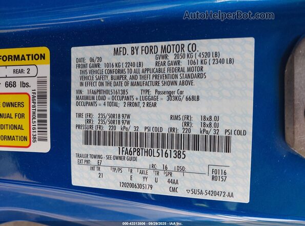 1FA6P8TH0L5161385 2020 FORD MUSTANG Синий Вид подкапотного пространства