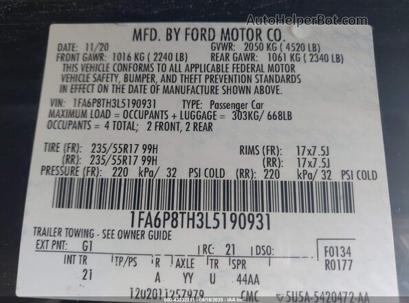 1FA6P8TH3L5190931 2020 FORD MUSTANG Black Widok komory silnika