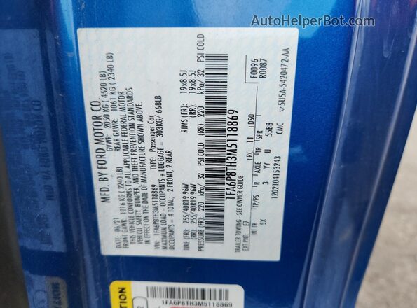 1FA6P8TH3M5118869 2021 FORD MUSTANG Blue ძრავის განყოფილების ხედი