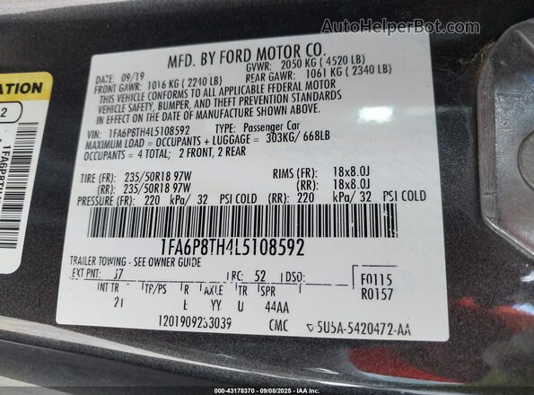 1FA6P8TH4L5108592 2020 FORD MUSTANG Gray ძრავის განყოფილების ხედი