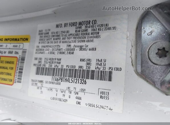 1FA6P8TH4L5121326 2020 FORD MUSTANG White Widok komory silnika