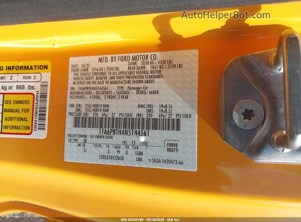 1FA6P8TH4N5144561 2022 FORD MUSTANG Желтый Вид подкапотного пространства
