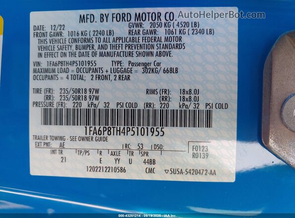 1FA6P8TH4P5101955 2023 FORD MUSTANG Blue Вид підкапотного простору