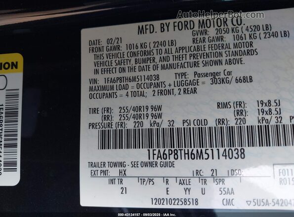 1FA6P8TH6M5114038 2021 FORD MUSTANG Black Vista del compartimento del motor
