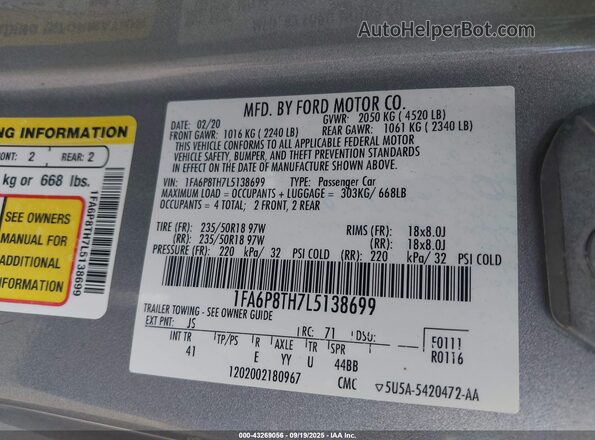 1FA6P8TH7L5138699 2020 FORD MUSTANG Gray Widok komory silnika