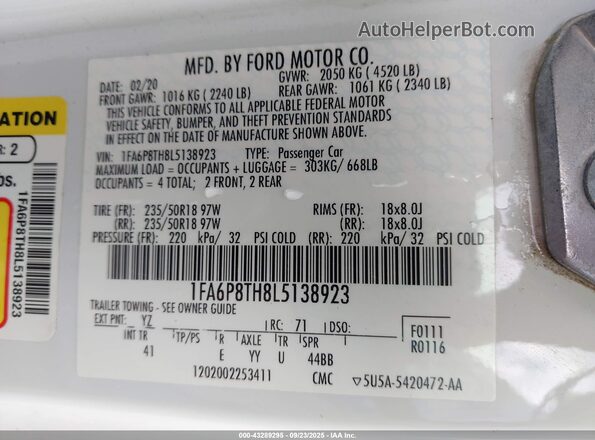 1FA6P8TH8L5138923 2020 FORD MUSTANG White Вид підкапотного простору