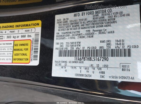 1FA6P8TH8L5167290 2020 FORD MUSTANG Black Vista del compartimento del motor