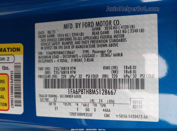 1FA6P8TH8M5128667 2021 FORD MUSTANG Синий 