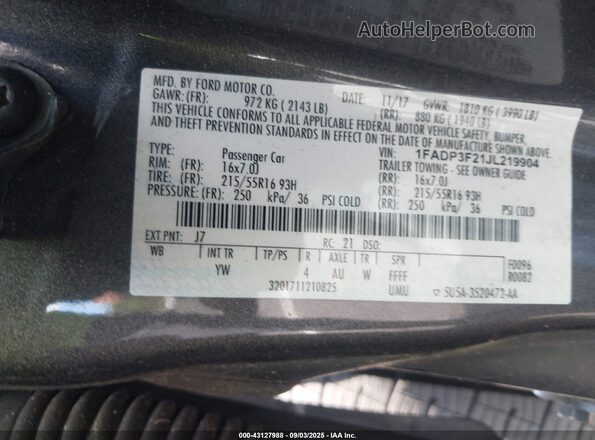 1FADP3F21JL219904 2018 FORD FOCUS Gray 