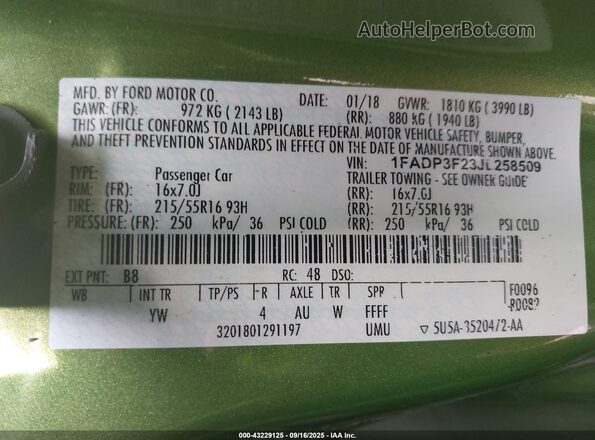 1FADP3F23JL258509 2018 FORD FOCUS Green 