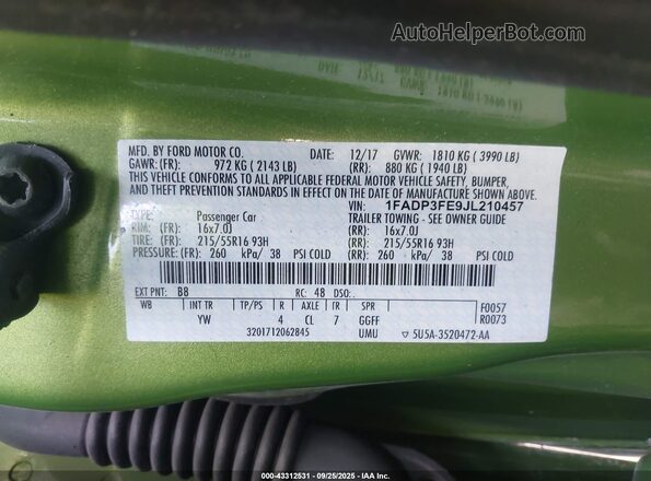 1FADP3FE9JL210457 2018 FORD FOCUS Green 