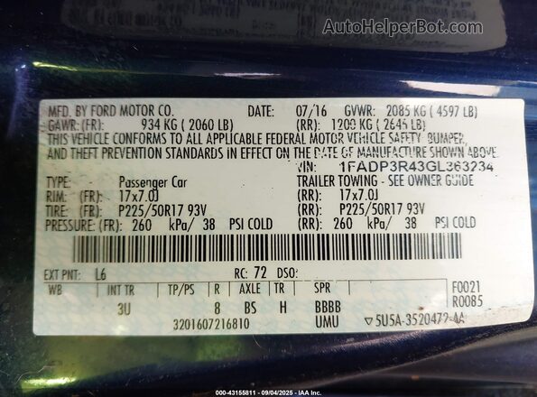 1FADP3R43GL363234 2016 FORD FOCUS ELECTRIC Синий Вид подкапотного пространства