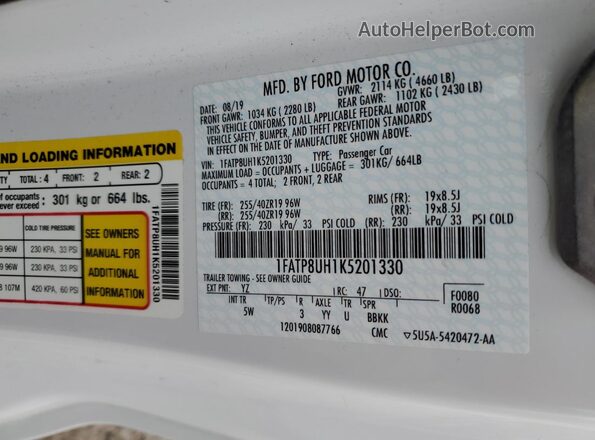 1FATP8UH1K5201330 2019 FORD MUSTANG White Widok komory silnika