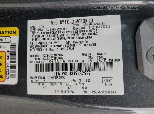 1FATP8UH3J5132557 2018 FORD MUSTANG Gray 