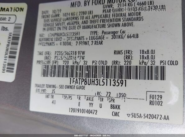 1FATP8UH3L5113591 2020 FORD MUSTANG Silver Շարժիչի բաժամունքի տեսք