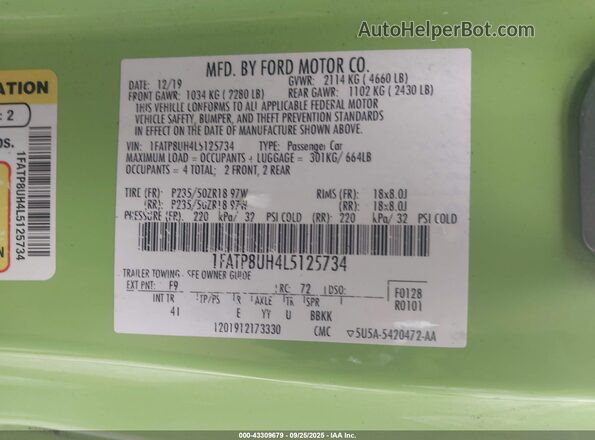 1FATP8UH4L5125734 2020 FORD MUSTANG Green Widok komory silnika