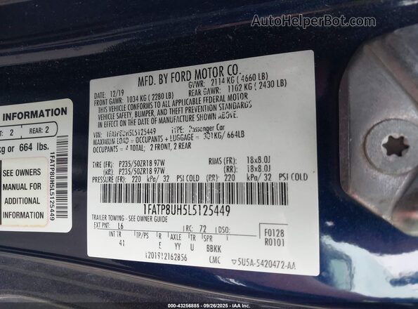 1FATP8UH5L5125449 2020 FORD MUSTANG Blue ძრავის განყოფილების ხედი