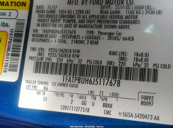 1FATP8UH6J5117678 2018 FORD MUSTANG Blue 