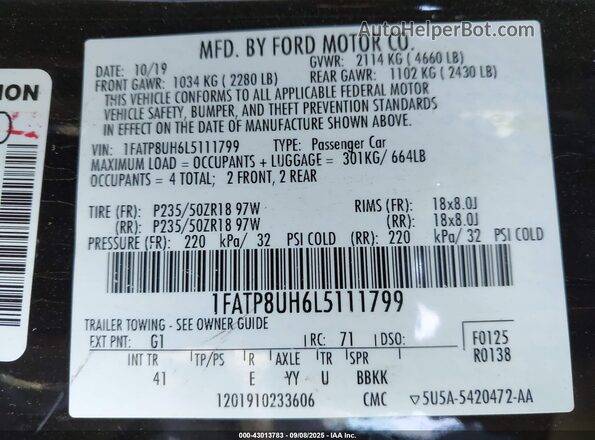 1FATP8UH6L5111799 2020 FORD MUSTANG Black ძრავის განყოფილების ხედი