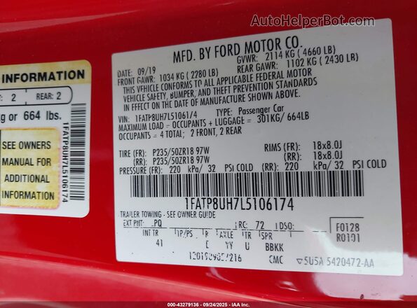 1FATP8UH7L5106174 2020 FORD MUSTANG Red ძრავის განყოფილების ხედი