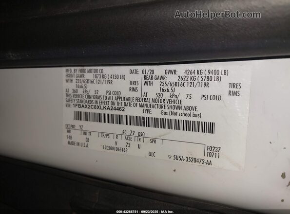 1FBAX2C8XLKA24462 2020 FORD PASSENGER White Widok komory silnika