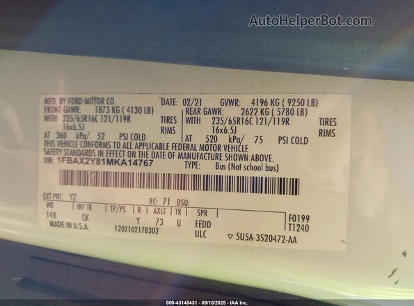 1FBAX2Y81MKA14767 2021 FORD PASSENGER White Widok komory silnika