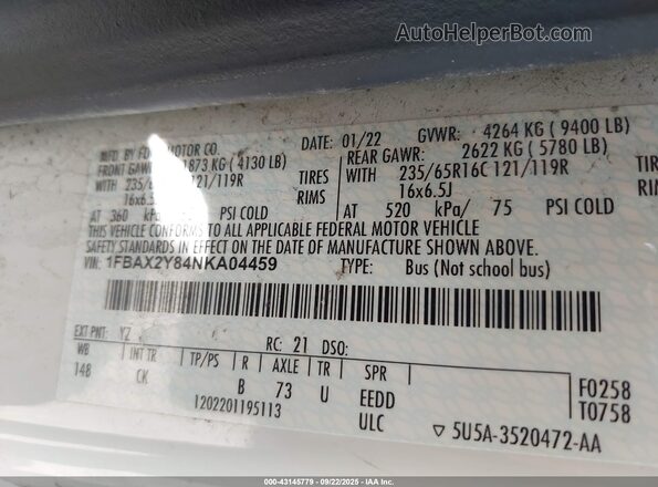 1FBAX2Y84NKA04459 2022 FORD PASSENGER White Вид підкапотного простору