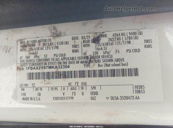 1FBAX2Y87MKA32304 2021 FORD PASSENGER White ძრავის განყოფილების ხედი