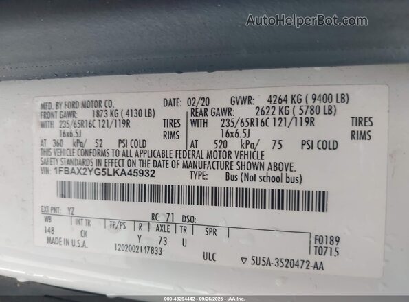 1FBAX2YG5LKA45932 2020 FORD PASSENGER White Вид підкапотного простору