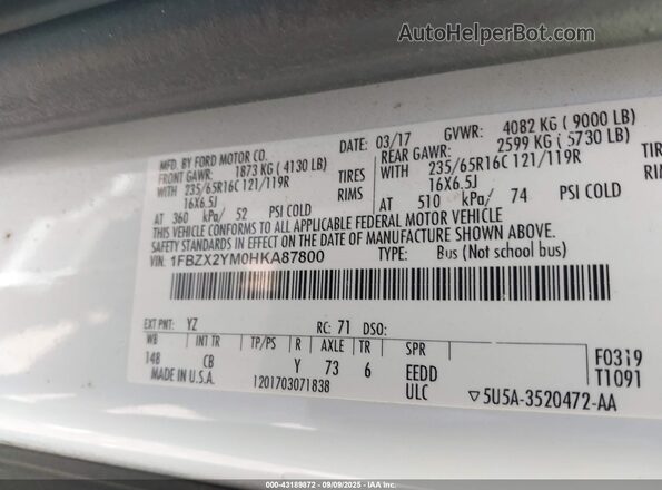 1FBZX2YM0HKA87800 2017 FORD TRANSIT-350 White 