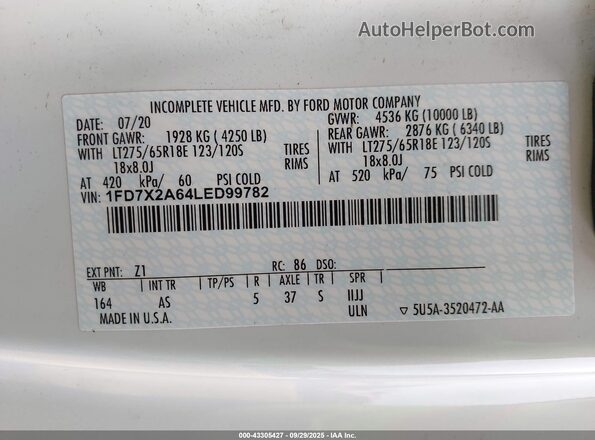 1FD7X2A64LED99782 2020 FORD F-250 White Widok komory silnika