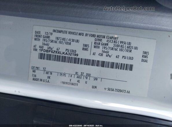 1FDBF6Z8XLKA32199 2020 FORD TRANSIT-350 White Trasero derecho
