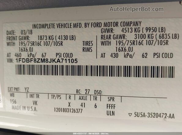 1FDBF8ZM8JKA71105 2018 FORD TRANSIT-350 White 
