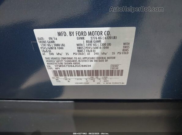 1FM5K7D84JGC84634 2018 FORD FORD EXPLORER Blue 