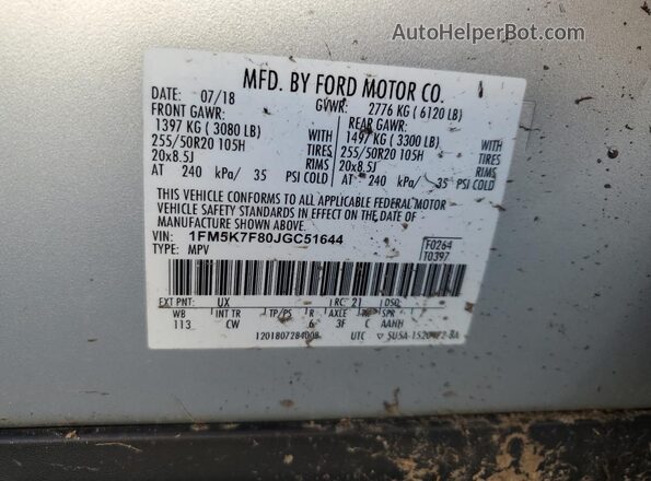 1FM5K7F80JGC51644 2018 FORD FORD EXPLORER Silver 