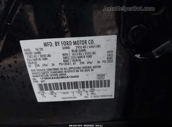 1FM5K8AB0MGA19400 2021 FORD POLICE INTERCEPTOR Black ძრავის განყოფილების ხედი