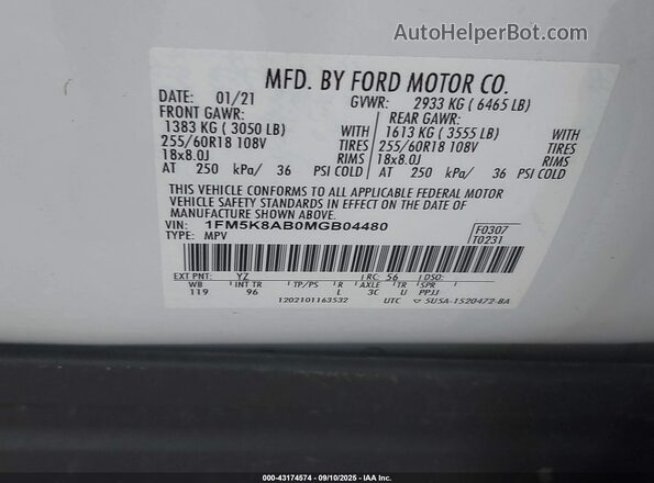 1FM5K8AB0MGB04480 2021 FORD POLICE INTERCEPTOR White Widok komory silnika