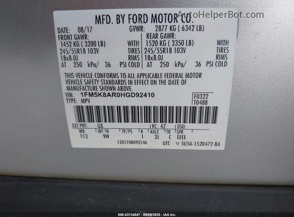 1FM5K8AR0HGD92410 2017 FORD POLICE INTERCEPTOR Silver Vista del compartimento del motor