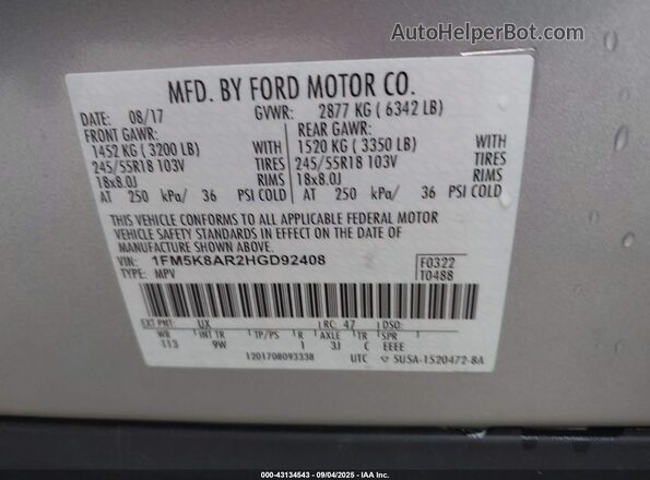 1FM5K8AR2HGD92408 2017 FORD POLICE INTERCEPTOR Серебряный Вид подкапотного пространства