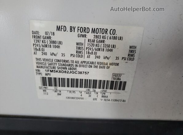 1FM5K8D82JGC38757 2018 FORD FORD EXPLORER White 